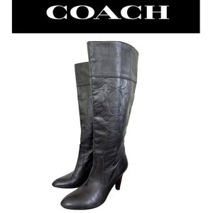 COACH Black Leather Knee-High Embossed Logo Heeled Boots